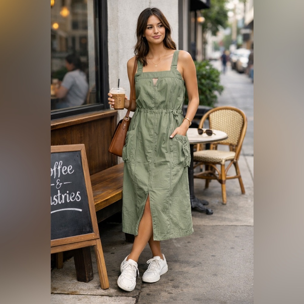 Sage Green Utility Midi Dress Pockets Fully Lined Size M‎